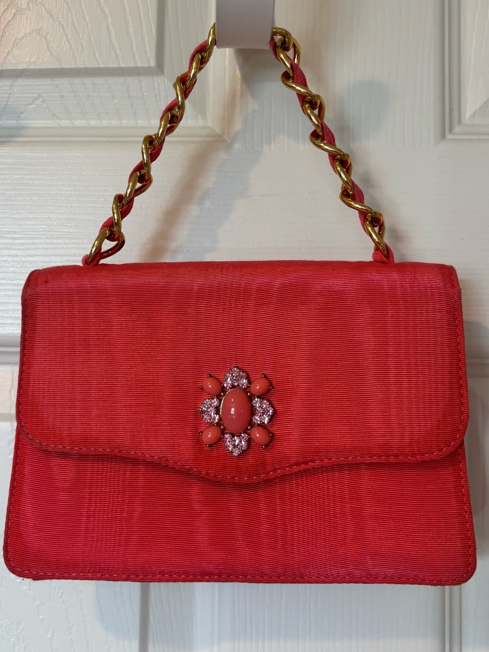 Banana Republic Coral Satin Shoulder Bag with Gold Chain and Jewel Accents